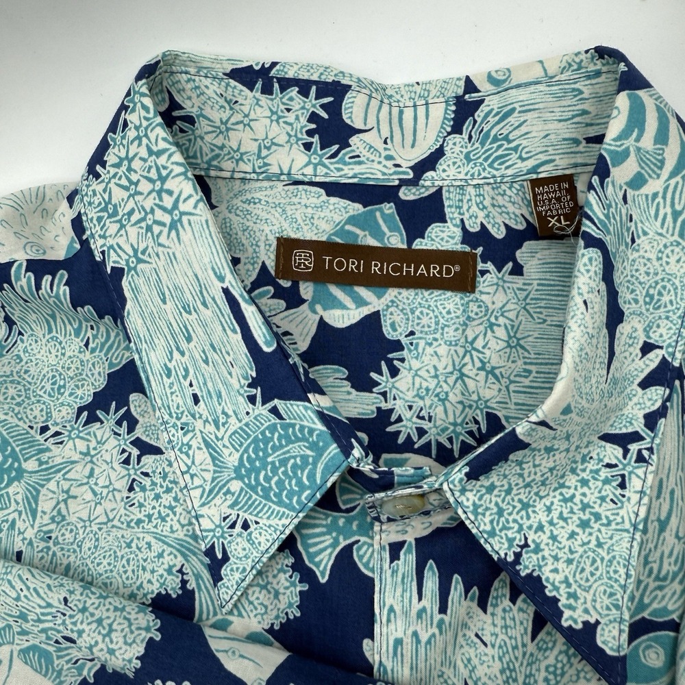 Tori Richard Blue Coral Fish Oceanic Motif Hawaiian Shirt XLarge Button Up Polo - Picture 4 of 8